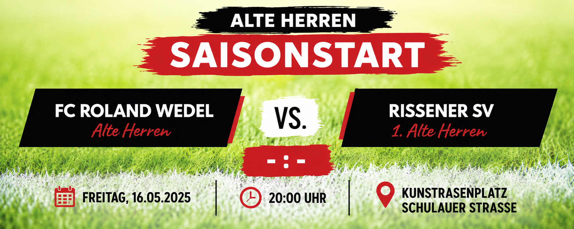 Spieltagsgrafik zum Bezirksliga-Saisonstart von FC Roland Wedel Ü32 gegen Rissen Ü32 am 28. August 2026.