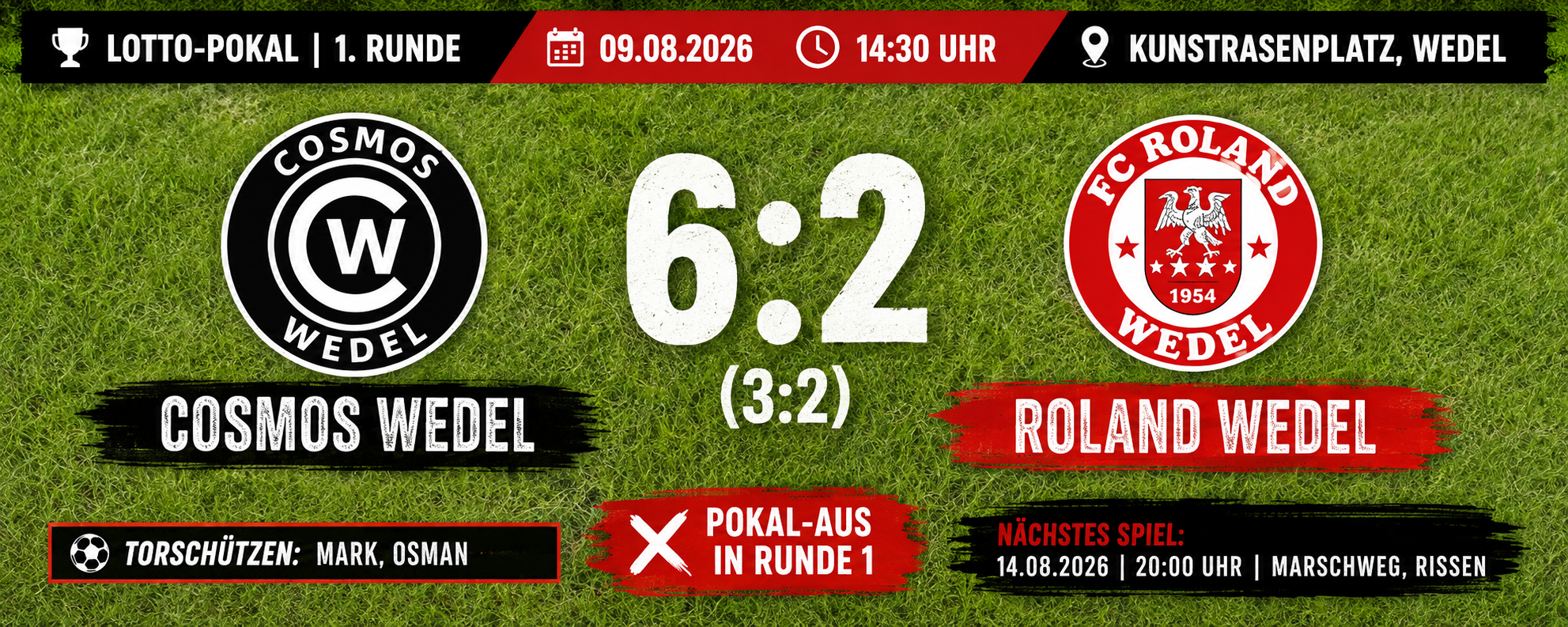 Spieltagsgrafik zum LOTTO Hamburg-Pokal zwischen Cosmos Wedel und Roland Wedel mit dem Endstand 6:2.