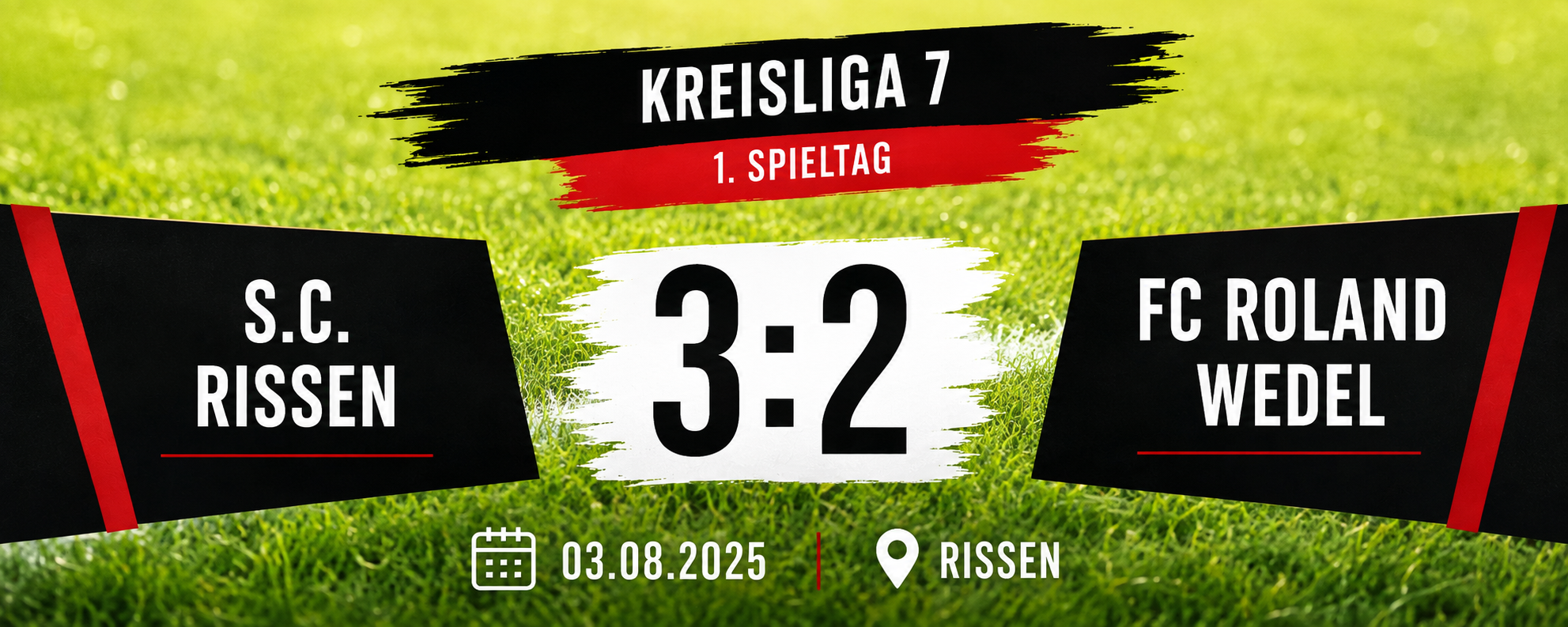 Spieltagsgrafik zum Saisonstart des FC Roland Wedel 2026/27 mit dem Ligaauftakt in Rissen und dem kommenden Heimspiel gegen Seestermühe.