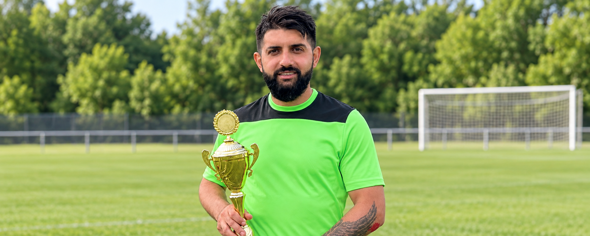 Ercal Salim vom FC Roland Wedel mit einem Pokal vor einem Fußballtor.
