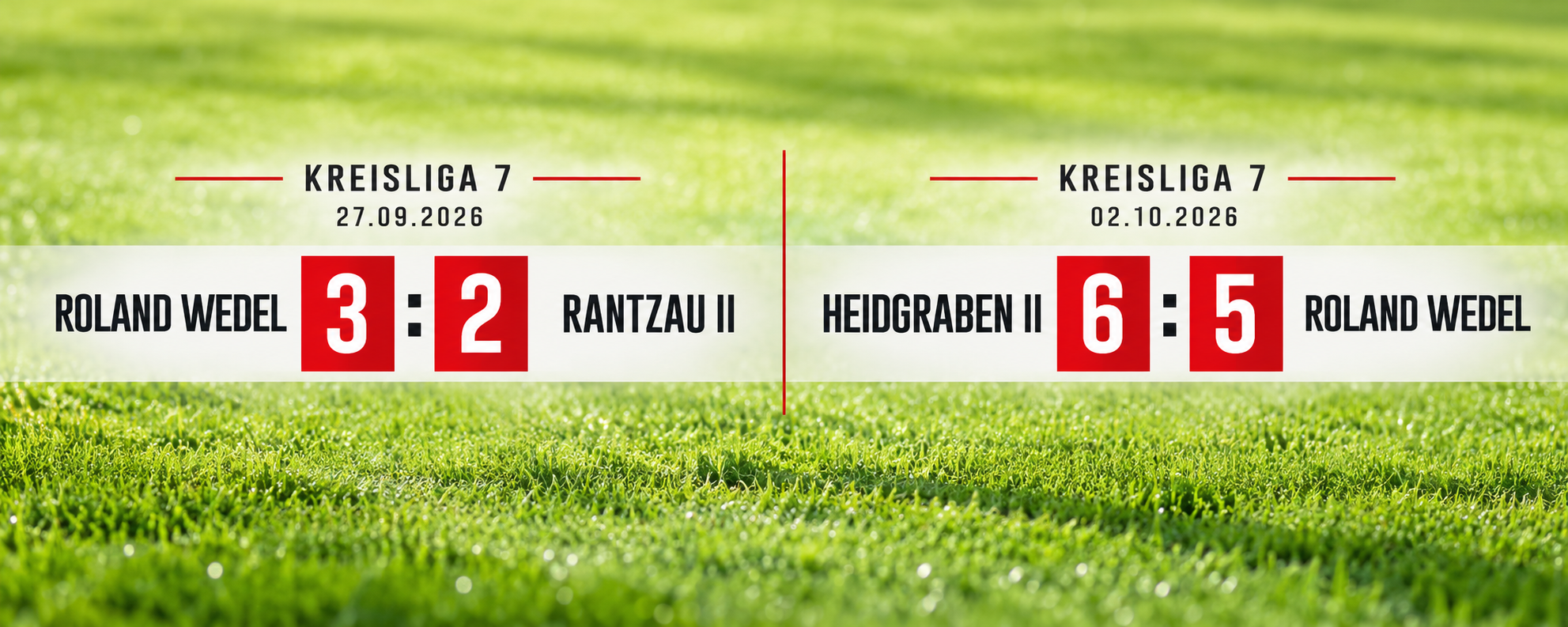 Ergebnisgrafik zu den Spielen des FC Roland Wedel gegen Rantzau 2. Herren (3:2) und Heidgraben 2. Herren (5:6).