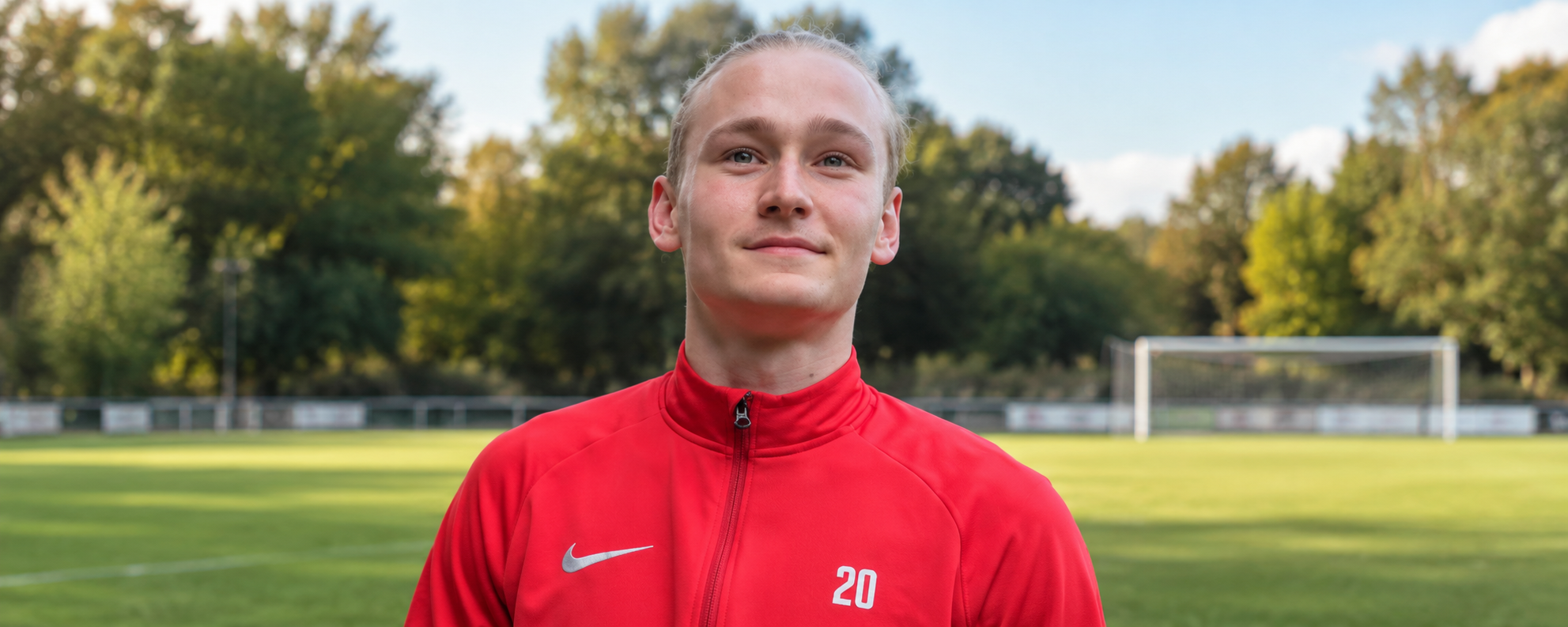 Portrait von Mark Mädler vom FC Roland Wedel vor einem neutralen grünen Fußballplatz.