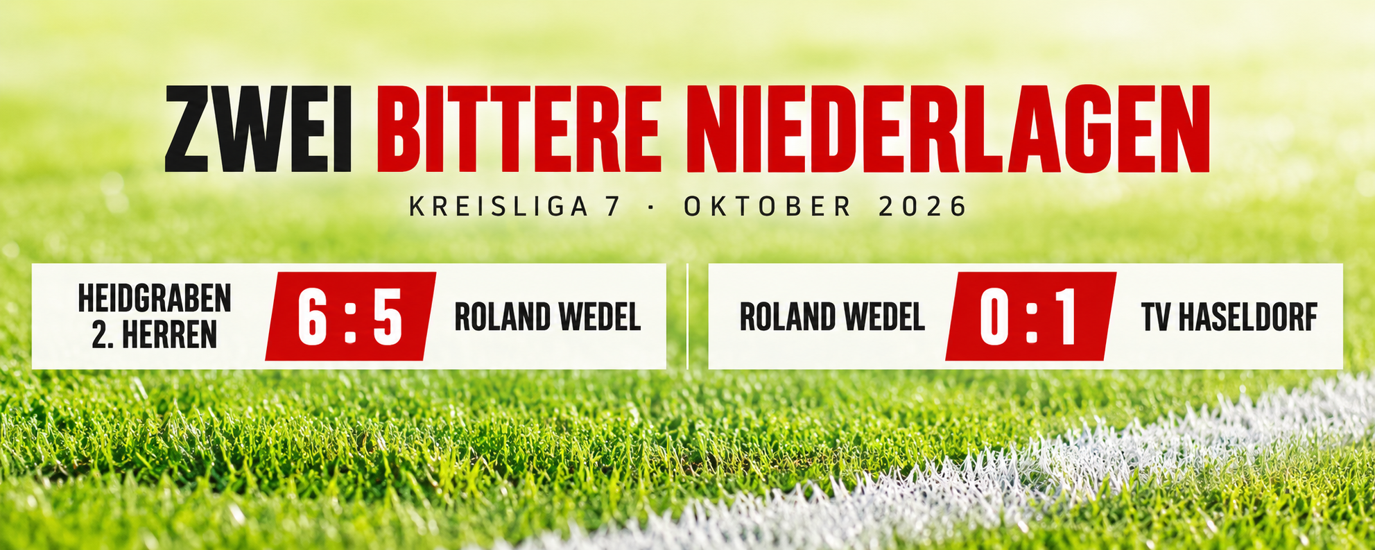 Ergebnisgrafik zu den Niederlagen des FC Roland Wedel beim Heidgrabener SV mit 5:6 und gegen den TV Haseldorf mit 0:1.